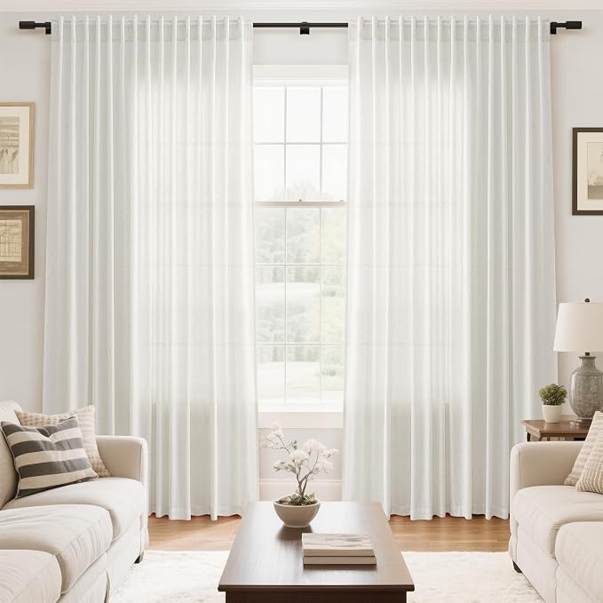 Extra Wide 100 Inch Curtains for Living Room 102 Inches Long Linen Farmhouse Sheer Curtains for Sliding Door Beige White Long Curtain for Bedroom Back Tab and Rod Pocket 100x102,2 Panels
