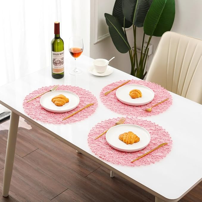 IcosaMro Pink Round Placemats Set of 12 for Dining Table, 13 Inches Paper Woven Boho Small Decorative Circle Place Mat for Wedding Christmas Thanksgiving Day Holiday Dinner, Pink