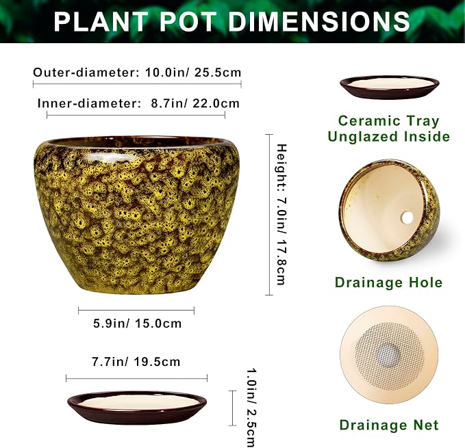 10 Inch Ceramic Pots for Plants, Indoor Plant Pot, Yellow Leopard | Round Planters for Indoor Plants, Modern Large Planter with Drainage Hole and Saucer, Garden Decor, Gifts for Gardeners