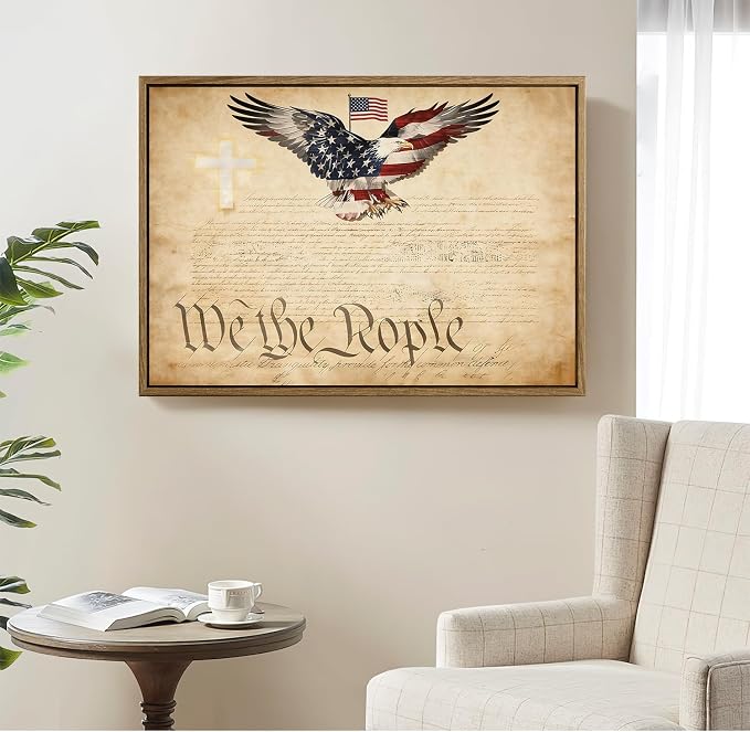 American Flag Framed Canvas Wall Art, 4th of July Patriotic Canvas Prints | USA Flag with Bald Eagle Poster Print, Vintage Independence Day Wall Decor for Bedroom Living Room 12×16in