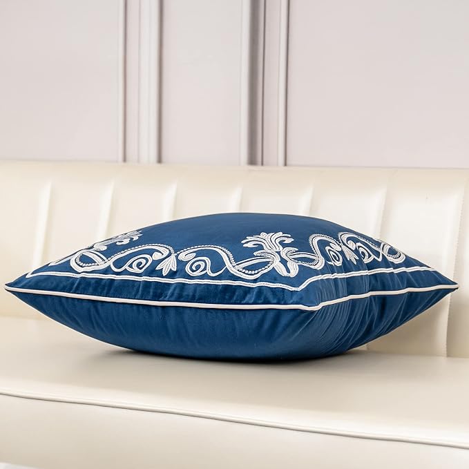 Aeckself European Floral Pillow Cover 18x18 Inch, Luxury Velvet Embroidered Decorative Throw Pillow Cover for Couch Bedroom Living Room, Navy Blue and White