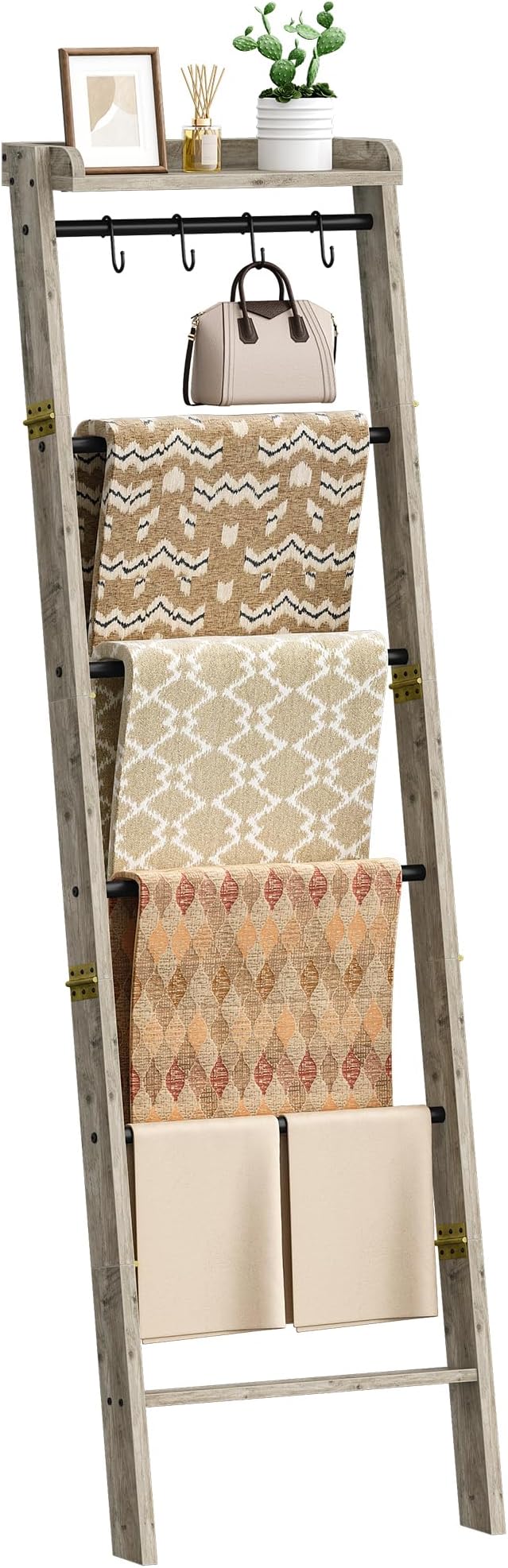 Hzuaneri Blanket Ladder Shelf, Farmhouse Ladder Holder, Blanket Organizer | 7-Tier Decorative Quilt Rack with 4 Removable Hooks 7.9" D x 17.3" W x 66.9" H, Greige BR36805B
