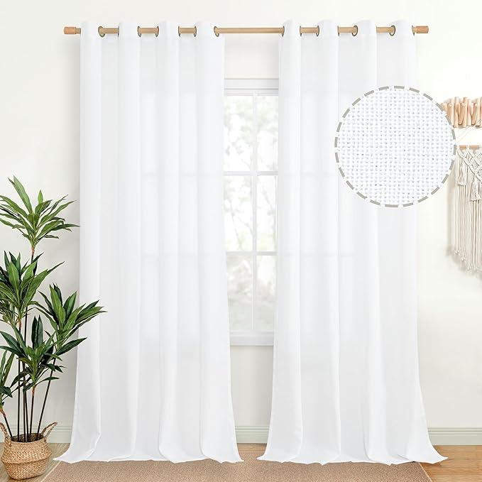 Extra Long White Linen Semi Sheer Curtains 90 Inch Length 2 Panels | Light Filtering Drapes with Bronze Grommet Textured for Bedroom Dining Living Room, 52 x 90 Inch