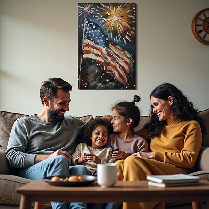 Framed 4th of July Fireworks American Flag Wall Art, Patriotic Impasto Canvas Art Pictures, USA Flag Wall Decor for Living Room Man Cave Bar, Ready to Hang Made in USA