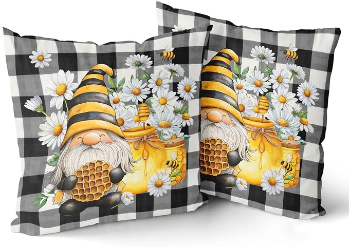 Giwawa 2PCs Bee Gnomes Pillow Covers 20"x20" Spring Daisy Summer Honey Elf Square Pillowcases Black White Buffalo Plaids Cotton Throw Cushion Covers for Sofa Couch Patio Porch Decor