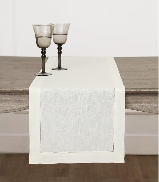 Solino Home 100% Linen Table Runner Ivory, Classic Hemstitch 14 x 120 in | brings a tailored look to family meals and hosting, hemstitched border, mitered corners, machine washable, OEKO-TEX Certified