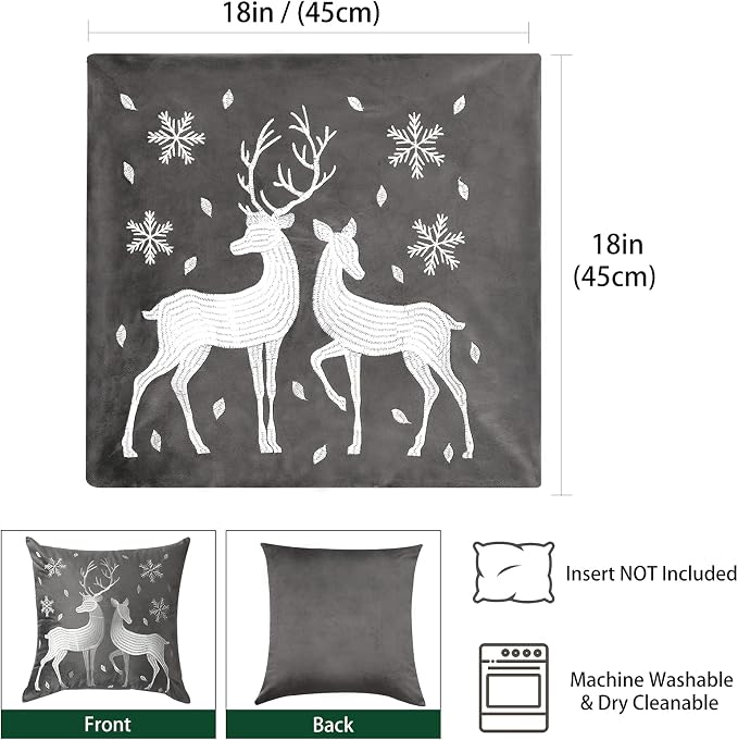 Lewondr Christmas Throw Pillow Cover with Deer Snowflake, 18"x18", 2 Pack | Gray, Soft Velvet, Embroidery Decorative, Luxurious Sofa Cushion Cover, Home Christmas Decoration