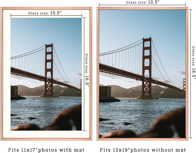 Frametory 13x19 Rose Gold Aluminum Metal Picture Frame Mat for 11x17 Glass