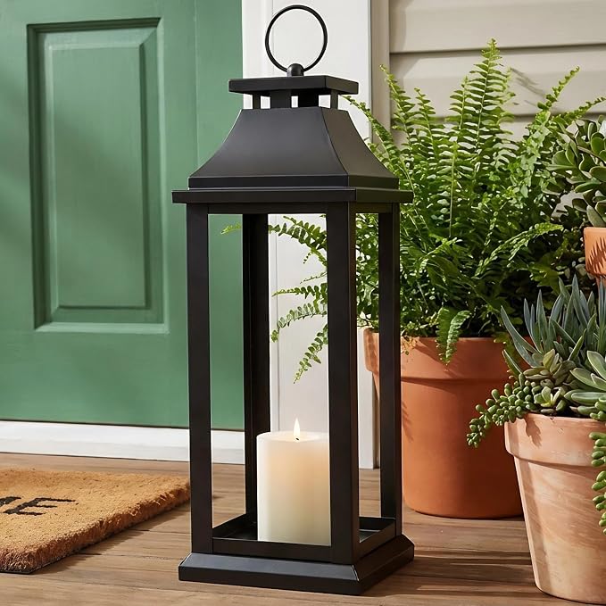 Modern Farmhouse Black Lantern Candle Holder – 22” Hanging Decorative Lantern for Indoor & Outdoor Home Décor – Ideal for Parties, Weddings, Porches, and Events (No Glass Panel), Size Large