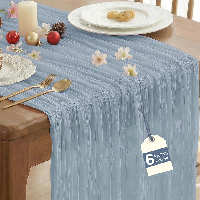 IVAPUPU Dusty Blue Table Runner 120 Inches for Birthday Party Home Decor | 6 Pcs Boho Gauze 10FT Cheesecloth Table Runners for Wedding Baby Shower Decorations Summer Garden Farmhouse