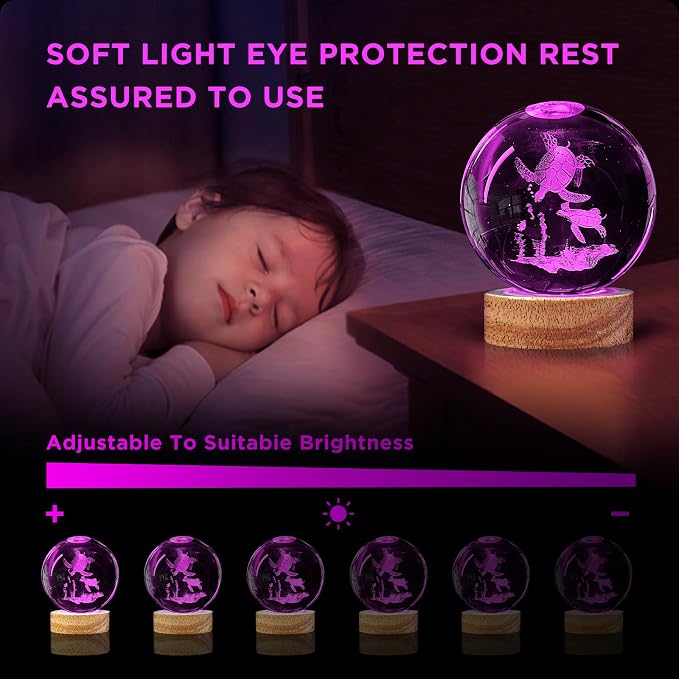3D Crystal Ball Night Light - 3.15 inch Glass Ball with 16 Color Changing Wooden Base and Remote Control - Turtle Figurines Gift for Friends, Kids, Christmas, Birthday, Decor