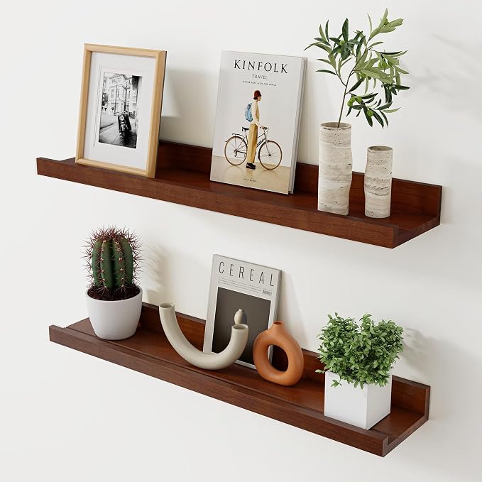 Acovy Floating Shelves for Wall, 24 inch Solid Wood Picture Ledge Shelf, Picture Shelf for Wall with Ledge, Floating Book Shelves for Living Room Bedroom Kitchen Nursery Decor, Walnut, Set of 2