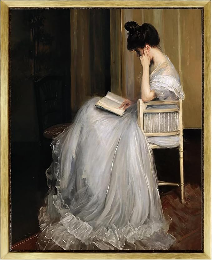AIMAILON Frame White Dress Reading Girl Portrait Aesthetic Artwork, 8x10 | home decoration, gold frame, easy to hang, classical aesthetic artwork