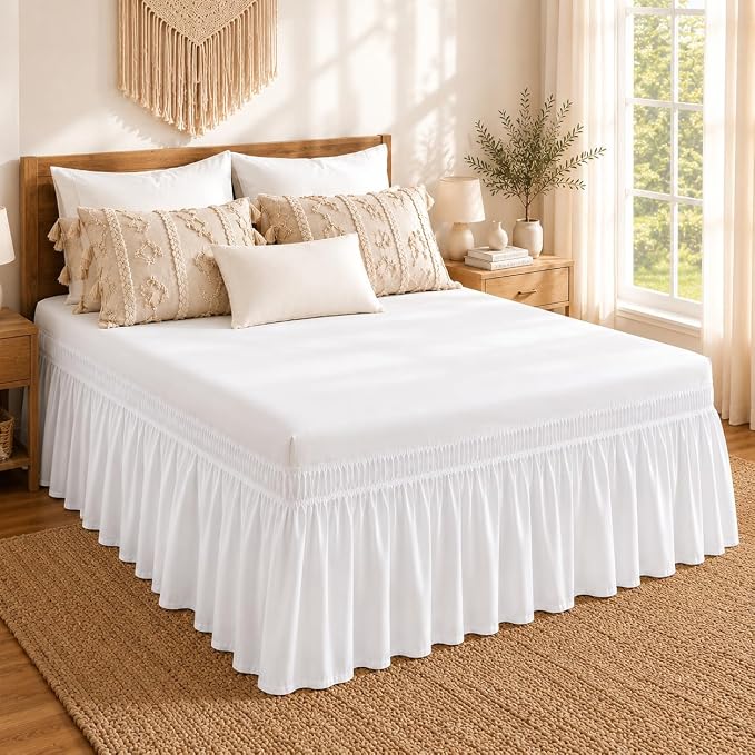 Vocander White Full Bed Skirt 16 Inch Drop, Elastic Wrap Dust Ruffle | Hides Underbed Storage, No Mattress Lifting, Elastic Stays Put, Soft Fabric, Machine Washable, Polished Look