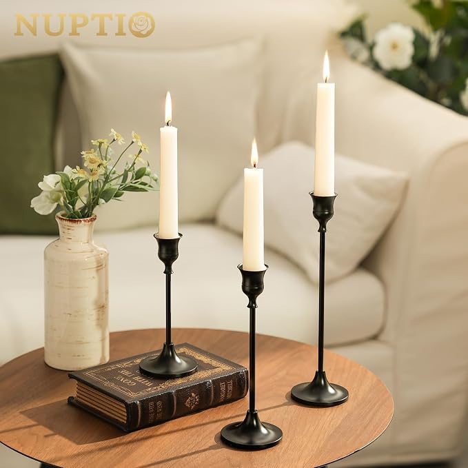 NUPTIO Halloween Candle Holder for Candlestick: Solid Aluminum - Set of 6 | Black Gothic Candle Stick Taper Holders for Thanksgiving Christmas Gift Dining Table Fireplace Mantel Decoration