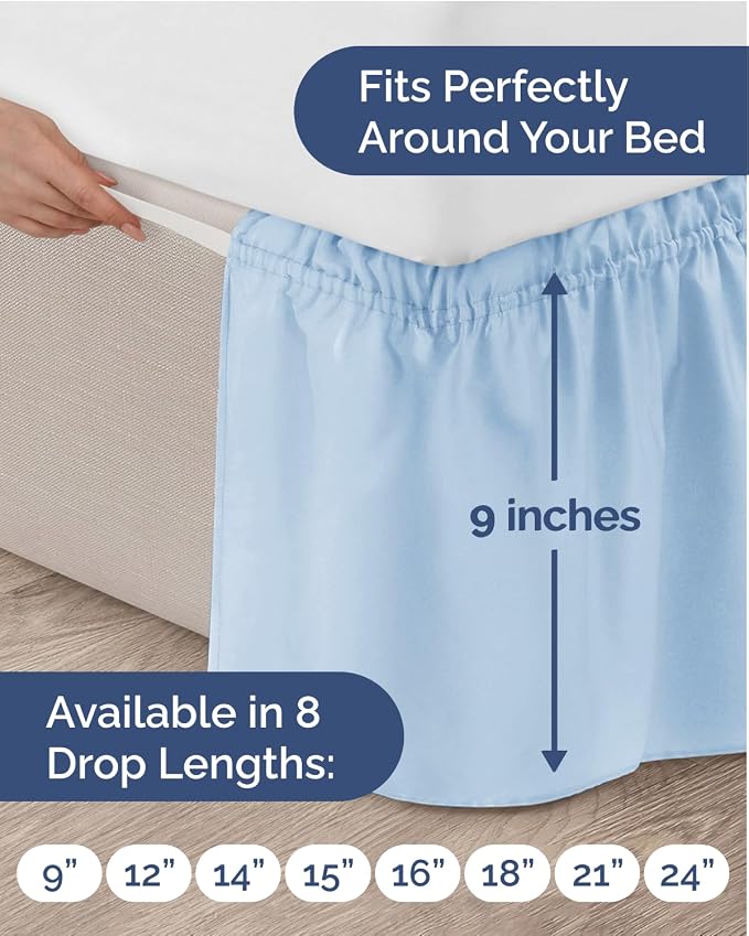 Wrap Around Dust Ruffle Bed Skirt - Light Blue - for Twin Size Beds w/ 9 Inch Drop - Easy Fit Elastic Strap - Adjustable Pleated Bedskirt w/Brushed Fabric - Wrinkle-Free - Women, Men, Kids & Teens