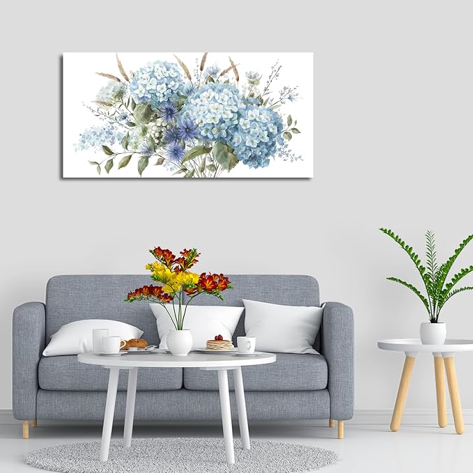 VEAEE Blue Hydrangea Botanical Canvas Prints Painting Abstract Artwork 20"x 40" Living Room Wall Decor