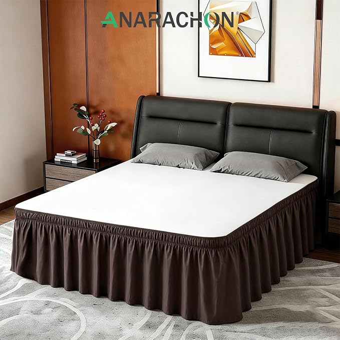 ANARACHON Twin Bed Skirt, Elastic Wrap Around Bed Skirt Twin Size, Bed Skirts for Adjustable Bed, Easy Fit with 18" Drop Length Tailored Drop Dust Ruffle (Brwon)