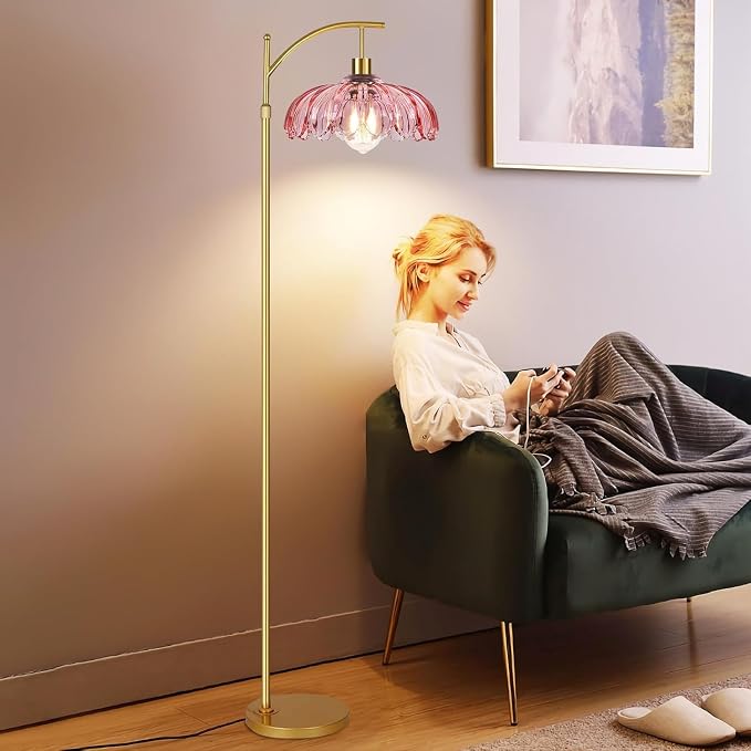Gold Arc Floor Lamp for Living Room Bedroom,Mid Century Modern Standing Lamp with Remote,Dimmable Brass Tall Lamp Pink Flower Glass Lamp,Adjustable Vintage Floor Lamps Floor Light for Corner Office