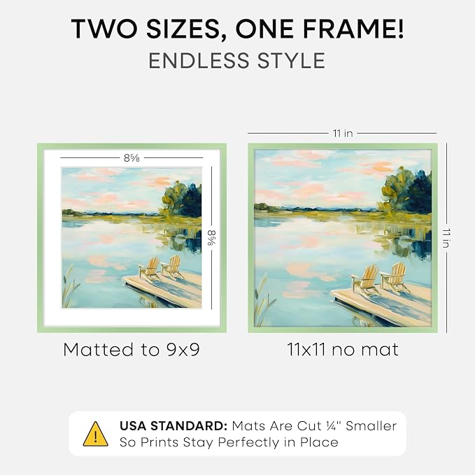 Homeforia 11x11 Green Picture Frame, High-End Metal, 9x9 Mat, Glass