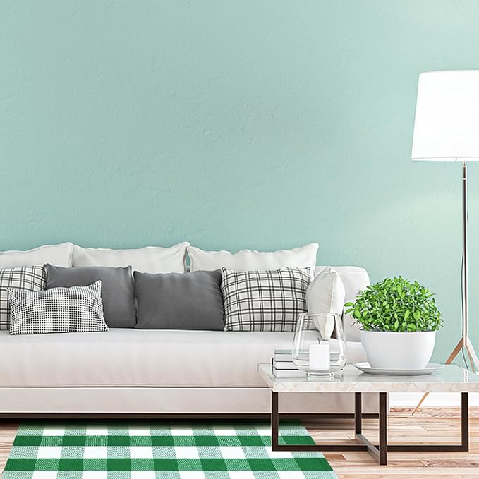 Buffalo Plaid Area Rug, Checkered Rug 27.5x43 Inches, Green and White Rug, Washable Cotton Mat for Front Porch, Entryway, Kitchen, Living Room, Home Decor