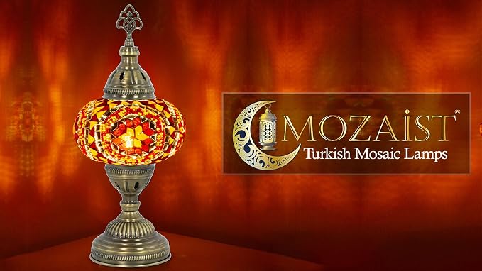 Turkish Mosaic Desk Lamp with Bulb – Orange Red Tiffany-Style Glass, Vintage Bohemian Bedside & Salon Decorative Light with E12 Socket & US Plug