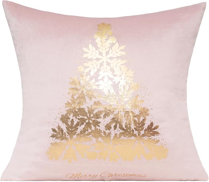 All Smiles Christmas Decorations Throw Pillow Covers Cases 16X16 Set of 4 Winter Xmas Indoor Home Holiday Décor Ornaments Velvet Navidad Cushion for Sofa Tree Snowflake Reindeer，Pink Gold