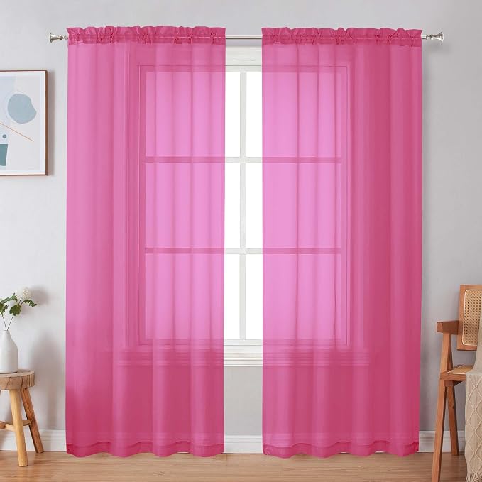 Simplebrand Hot Pink Sheer Curtains 72 Inches Long 2 Panels for Living Room, Rod Pockets Airy Window Treatments Voile Sheer Black Curtains Panels Lightweight for Front Back Patio Glass Door, 42" Width