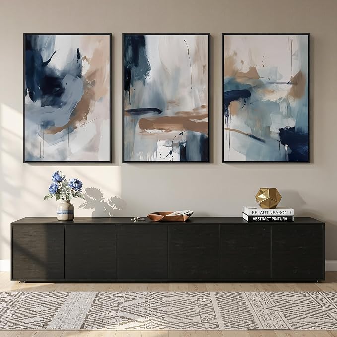 Large Framed Blue Neutral Abstract Wall Art for Living Room, 3 Piece 24x36 | Minimalist picture, Canvas prints, Wood frame, Modern wall painting, Artwork for walls, Wall decor for bedroom dining hallway