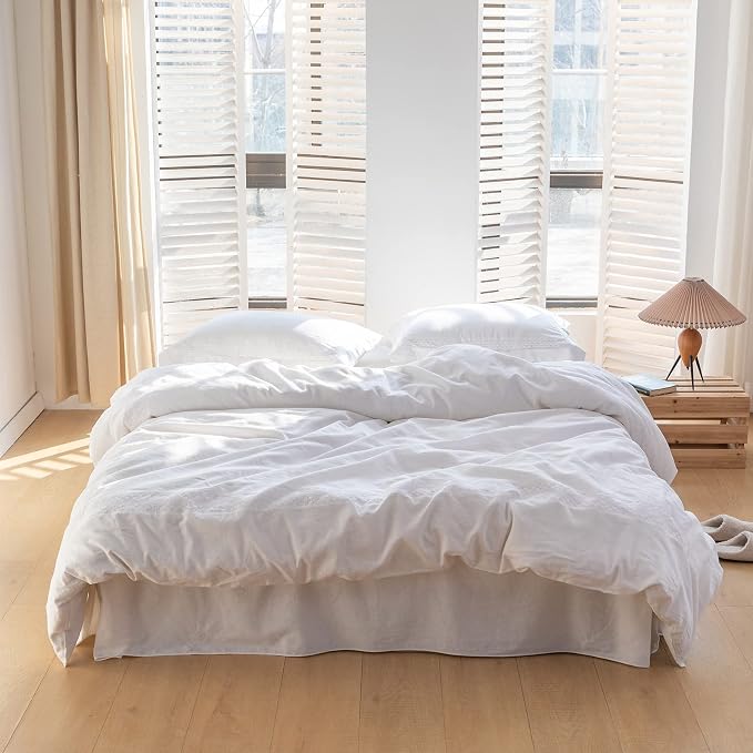 BISELINA French Linen Bed Skirt with Pleated Corner 14-Inch Tailored Drop Natural Flax Cotton Blend Basic Dust Ruffle Soft Cozy Farmhouse Bedding (14" Queen, Basic White)