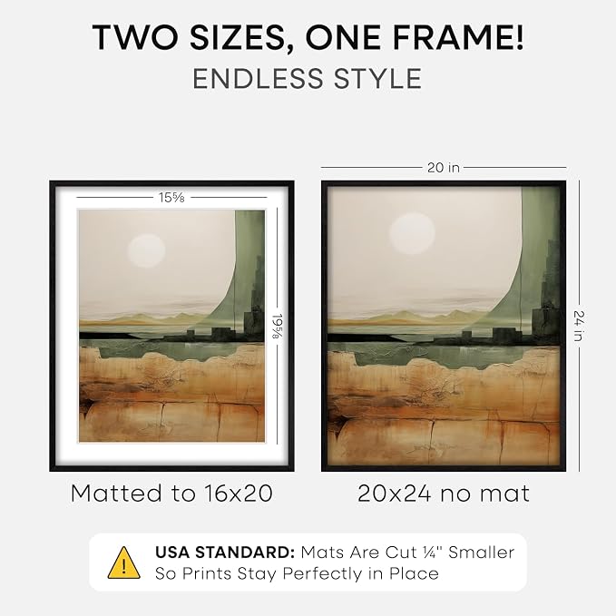 Homeforia 20x24 Black Oak Picture Frame, High-End Wood, 16x20 Mat, Glass