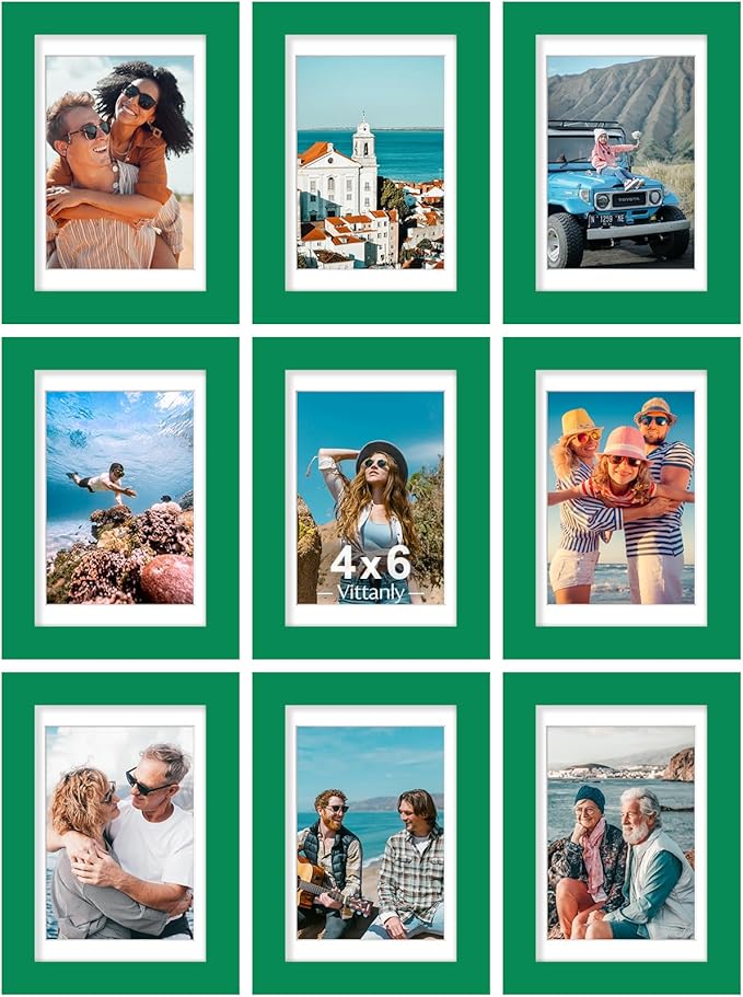Vittanly 4x6 Picture Frames Set of 9 for Wall or Tabletop Display, Green | Display Pictures 3.5x5 with Mat or 4x6 without Mat, Small Photo Frames, Engineered Wood with Shatter Resistant Plexiglass