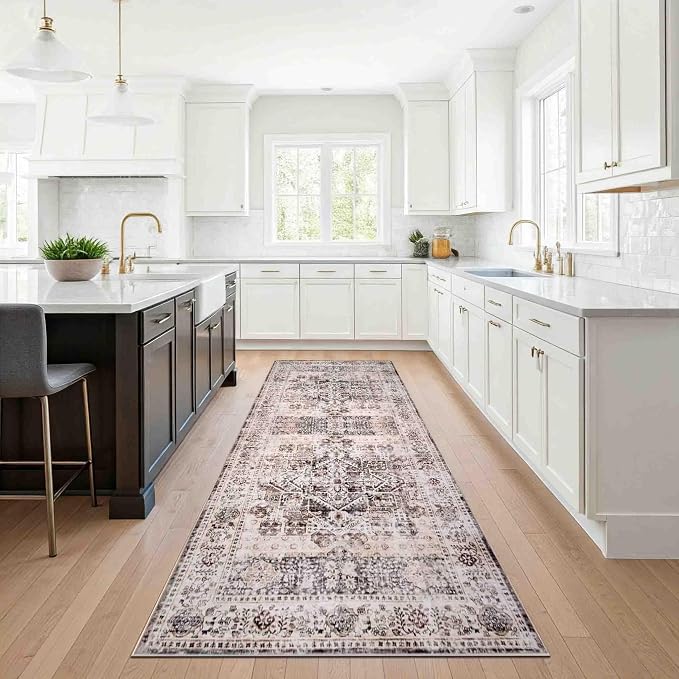 Machine Washable Area Rug, Soft & Durable, Non-Slip, Stain Resistant Rug for Bedroom, Living Room, Dining Room, High Traffic Areas. (Beige/Brown, 2.5' X 7')