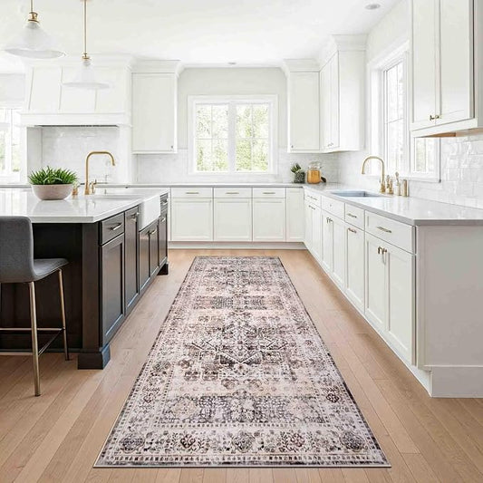 Machine Washable Area Rug, Soft & Durable, Non-Slip, Stain Resistant Rug for Bedroom, Living Room, Dining Room, High Traffic Areas. (Beige/Brown, 2.5' X 7')