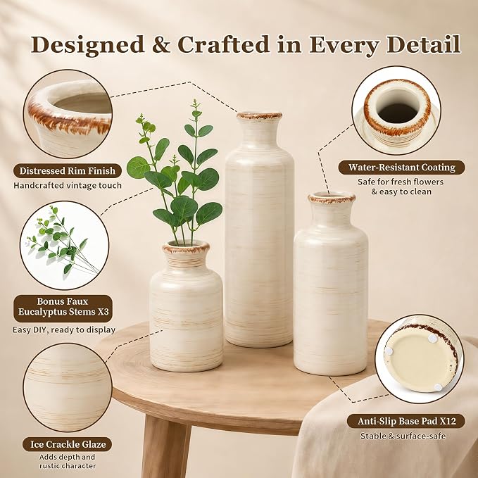 Ceramic Vases Set of 3, White Modern Rustic Home Decor Flower Vases | Farmhouse Ceramic Vases for Farmhouse, Horizontal Stripes Nordic Vases for Home Décor, Table Decor, Entryway, Shelf, Mantel