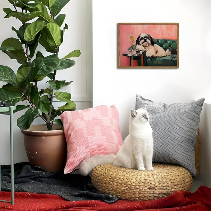 Funny Dog Wall Art, Cute Animal On Couch Bar Cart Pictures Wall Decor Paintings, Eclectic Dog with Cocktail Canvas Prints, for Living Room Dining Room Bedroom 12x16 inch Wood Framed