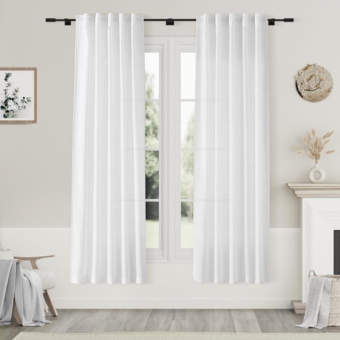 White Curtains 72 Inch Length 2 Panels Set for Living Room Bedroom Back Tab Rod Pocket Boho Sheer White Cotton Textured Gauze Curtains Privacy for Dining Room Office 36x72