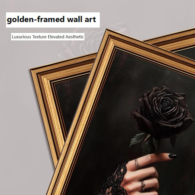 Vintage Gold Framed Wall Art Dark Academia Gothic Black Rose Wall Decor Picture Romantic Victorian Witchy Aesthetic Poster Dark Halloween Print for Gallery Living Room Bedroom Home Decoration 9x11in