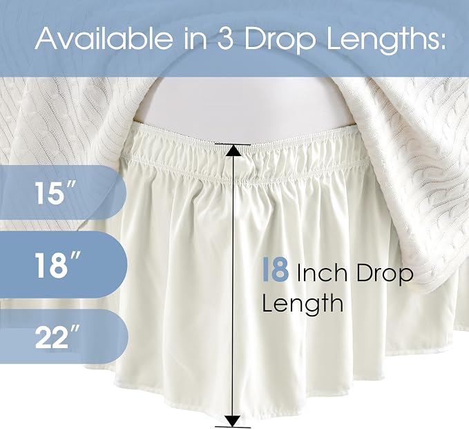 FreshCulture Elastic Wrap Around Bed Skirt - Easy Fit with 18-Inch Tailored Drop, Hotel Quality Dust Ruffle for Full Size Bed (Cream)