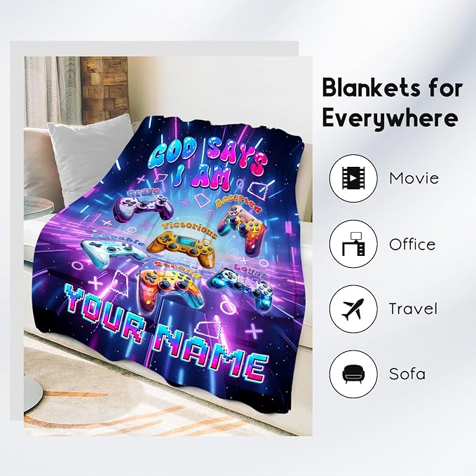 Personalized Gaming Throw for Boys, Soft Plush Fleece Kids Blanket for Couch, God Says I Am Blanket for Kids, Gamer Room Decor Gift, 30"x40"