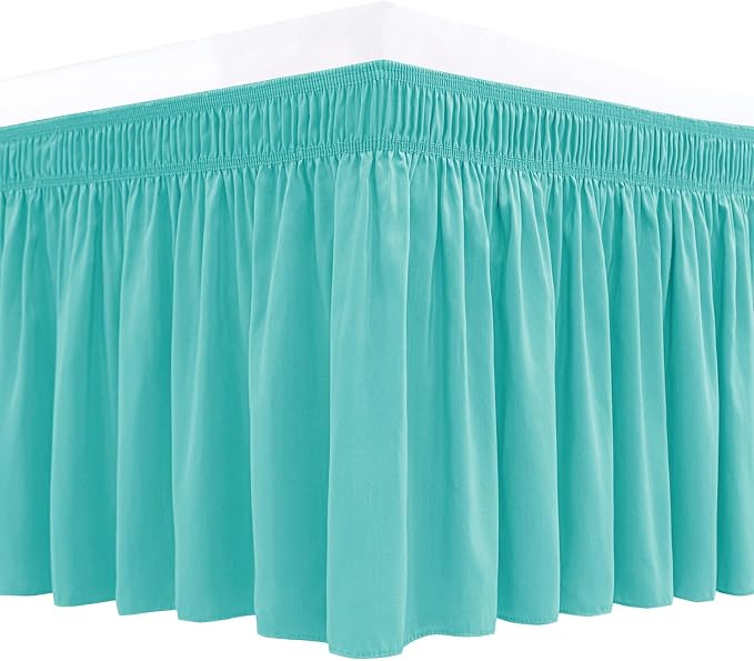 Wrap Around Bed Skirt Full Size Beds 18 Inch Drop-Elastic Dust Ruffle Aqua | Adjustable Pleated Bedskirt-Easy Fit Wrinkle Resistant Washable Bed Skirting-Hotel Studio Apartment Home Guest Bedroom Rental