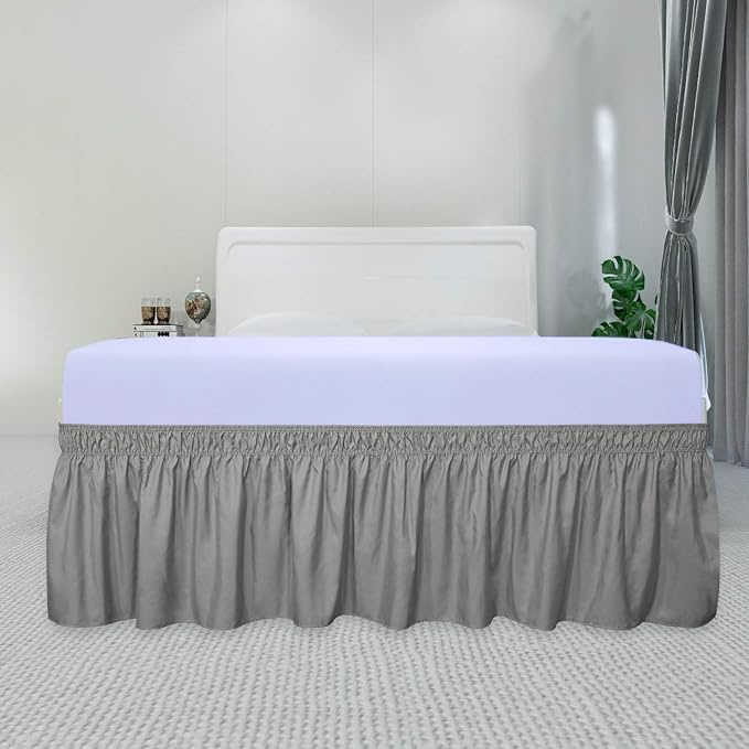 PureFit Wrap Around Ruffled Bed Skirt, Gray, Twin/Full - 14" Drop | Wrinkle Free Bedskirt Dust Ruffles, Easy to Put On Frame Cover with Adjustable Elastic Belt