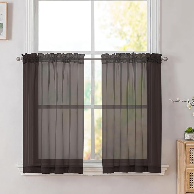 Simplebrand Chocolate Short Sheer Kitchen Curtains 36 Inch Length Tier Rod Pocket Cafe Drapes Half Window for Bathroom Small Windows 42 x 36 Inch, 2 Panels
