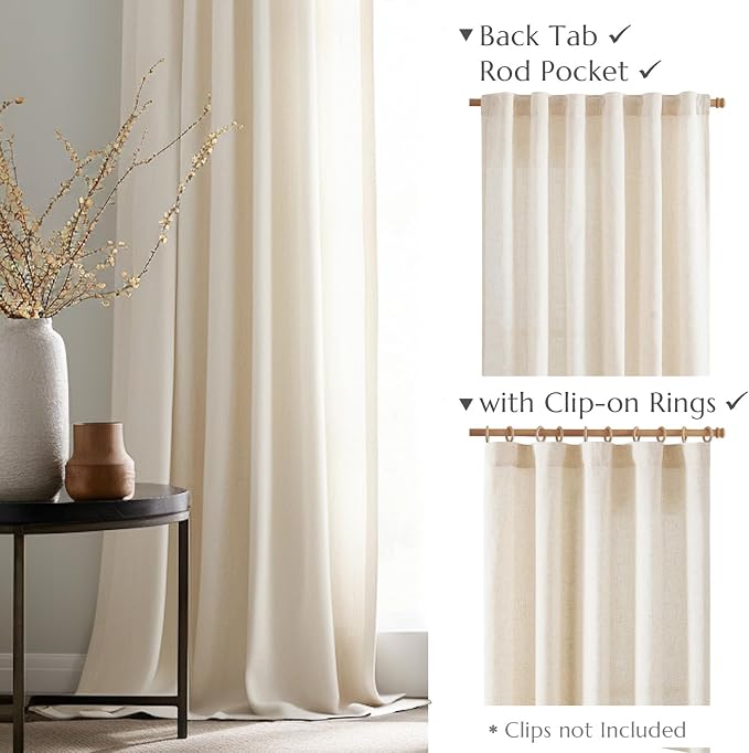 jinchan Linen Curtains Light Filtering Back Tab 50x96 Inch 2 Panels Beige | Semi Sheer Curtains 96 inch length for Bedroom Living Room, Modern Farmhouse Drapes with Rod Pocket, Natural Boho Curtains