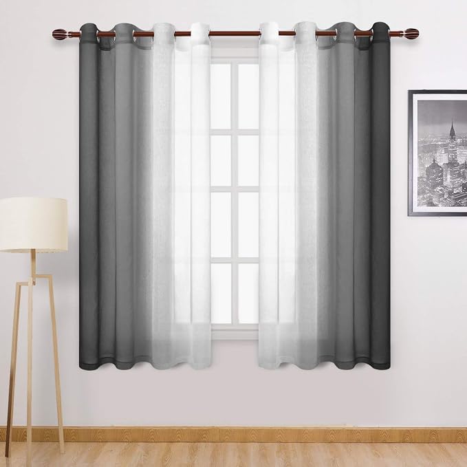 DWCN Black Ombre Sheer Curtains - Faux Linen Gradient Semi Voile Grommet Top Bedroom and Living Room Curtains, Set of 2 Window Curtain Panels, 52 x 63 Inch Length, Black
