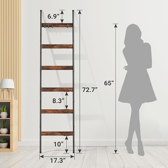 ELYKEN Blanket Ladder, 6-Tier Towel Rack, Wall-Leaning Quilt Holder | Farmhouse Wood Display Stand with 4 Hooks, Decorative Rack Shelf for Living Room, BedRoom, Bathroom, Rustic Brown