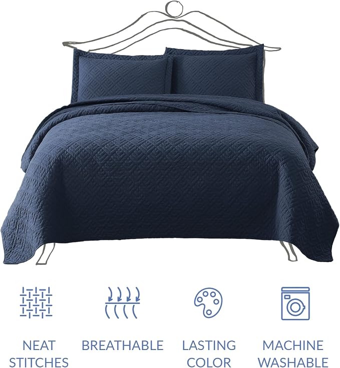 EXQ Home Quilt Set Twin Size Navy 2 Piece,Lightweight Soft Coverlet Modern Style Squares Pattern Bedspread Set for All Season(1 Quilt,1 Pillow Shams)