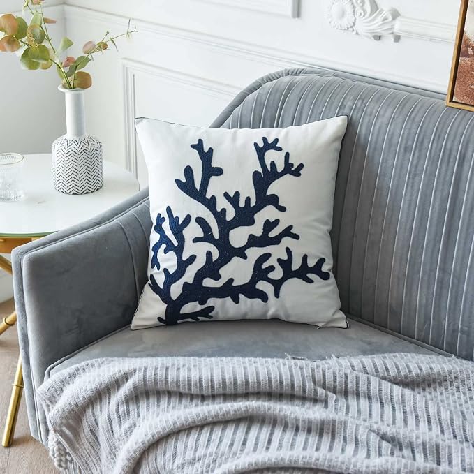 Embroidered Nautical Decor Pillow Cover,Square 18 Inches Decorative Canvas Pillow Cover for Nautical Style Deco by (Navy-Coral)