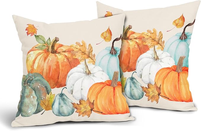 Kawani Fall Pillow Covers 24x24 Set of 2 Watercolor Pumpkin Maple Leaf Throw Pillow Covers Autumn Thanksgiving Farmhouse Outdoor Pillowcases Cotton Linen Cushion Covers for Couch Decor