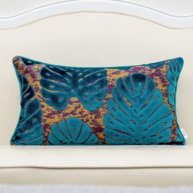 Alerfa 12 x 20 Inch Rectangle Leaf Pillow Embroidery Cut Velvet Cushion Case Luxury Modern Lumbar Throw Pillow Cover Decorative Pillow for Couch Sofa Living Room Bedroom Car, Blue